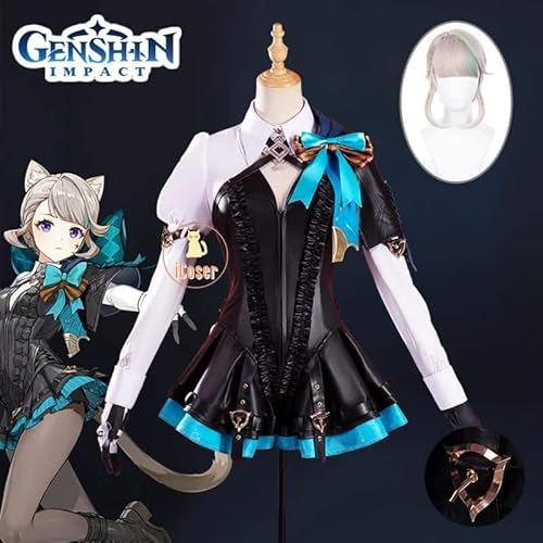 Genshin Impact Lynette Cosplay Kostüm Kleid Wig Perücke Fontaine Uniform Tail Headband Magician Lyney Damen, Full set, L von CosplayHero