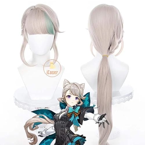 Genshin Impact Lynette Cosplay Kostüm Kleid Wig Perücke Fontaine Uniform Tail Headband Magician Lyney Damen, Wig Only, S von CosplayHero