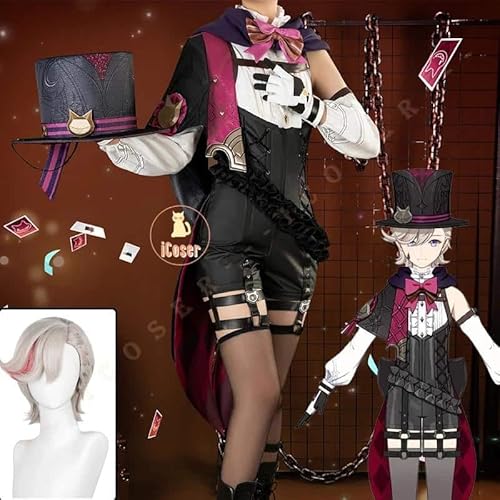 Genshin Impact Lyney Cosplay Kostüm Wig Perücke Uniform Fontaine Magician Pyro Hat Lynette Damen Herren Props, Full set, L von CosplayHero