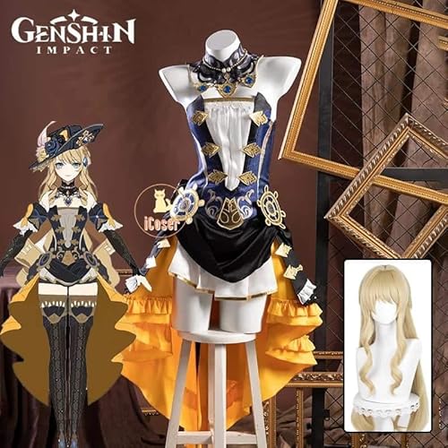 Genshin Impact Navia Cosplay Kostüm Wig Perücke Fontaine Kleid Uniform Spina Di Rosula Hat Kostüm für Damen Outfit Set, Costume Wig, L von CosplayHero