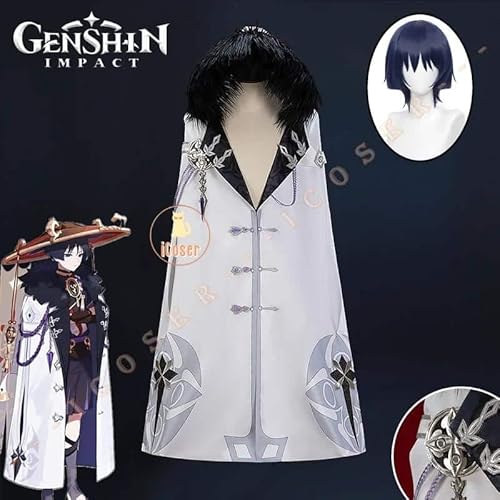 Genshin Impact Scaramouche Cosplay Kostüm Wig Perücke Balladeer Hooded Cloak Eleven Fatui Harbingers Uniform Cape Damen Herren, Full set, XL von CosplayHero