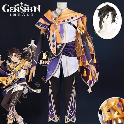 Genshin Impact Sethos Cosplay Kostüm Wig Perücke Game Uniform Cloak Headwear Temple of Silence Leader für Damen Herren Set, Full set, S von CosplayHero