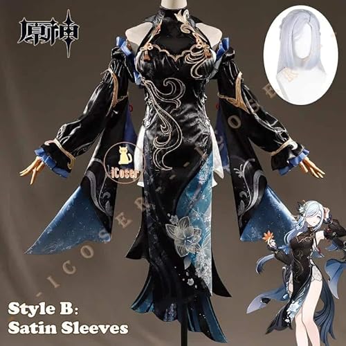 Genshin Impact Shenhe Frostflower Dew Cosplay Kostüm Wig Perücke Kleid Earring Headwear Liyue Lantern Rite Damen, Full set b, S von CosplayHero