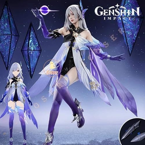 Genshin Impact Skirk Cosplay Kostüm Wig Perücke Kleid Uniform Headwear Swordswoman Tartaglia's Master Abyss Damen Prop, Costume only, L von CosplayHero