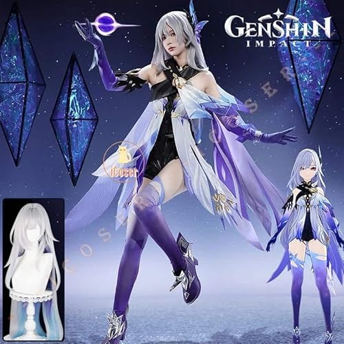 Genshin Impact Skirk Cosplay Kostüm Wig Perücke Kleid Uniform Headwear Swordswoman Tartaglia's Master Abyss Damen Prop, Full set, S von CosplayHero