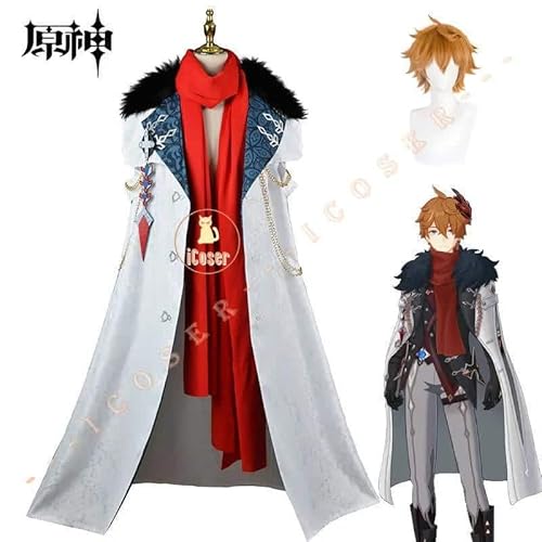 Genshin Impact Tartaglia Childe Cosplay Kostüm Wig Perücke Fatui Cloak Outfit Uniform Cape Headwear Gloves Eleven Fatui Harbingers Herren, Cloak with wig, XXL von CosplayHero