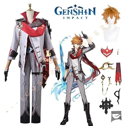 Genshin Impact Tartaglia Childe Cosplay Kostüm Wig Perücke Fatui Cloak Outfit Uniform Cape Headwear Gloves Eleven Fatui Harbingers Herren, Costume with Wig, 4XL von CosplayHero