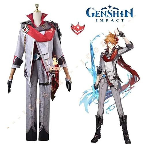 Genshin Impact Tartaglia Childe Cosplay Kostüm Wig Perücke Grey Jacket Outfit Uniform Headwear Gloves Eleven Fatui Harbingers Herren Damen, Costume only, L von CosplayHero