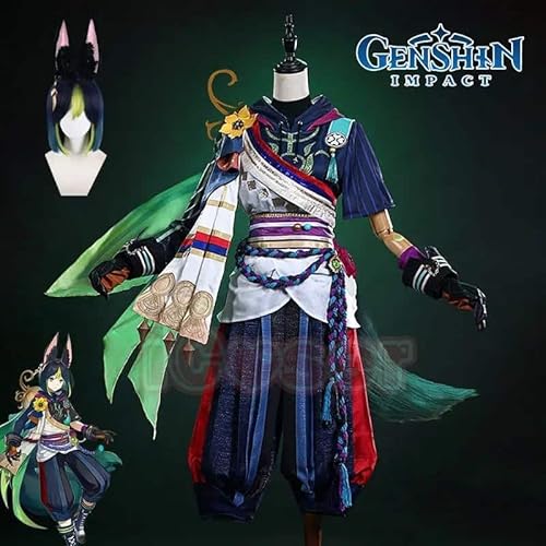 Genshin Impact Tighnari Cosplay Kostüm Wig Perücke Ear Tail Vision Cloak Game Uniform Outfit fürest Watcher Sumeru für Herren Damen, Costume with Wig, S von CosplayHero