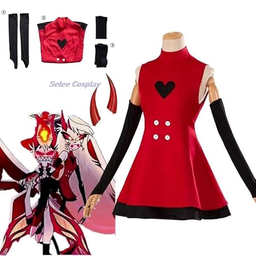 Hazbin Charlie Hotel Morningstar Cosplay Kostüms Wig Perücke Red Kleid Demon Fight State Outfit Anime Charlie Cosplay Clothes, Suit and Horn, 150 von CosplayHero