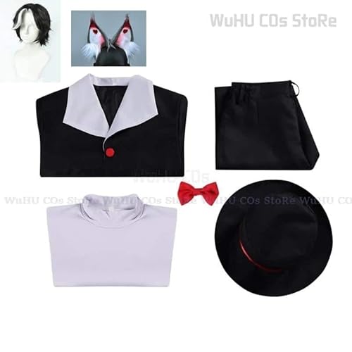 Husk Cosplay Kostüm Uniform Hazbin Cosplay Hotel Husk Cosplay Kostüm Black Outfits with Hat Ears Eyebrows Prop, Suit wig headwear, S, Husk von CosplayHero