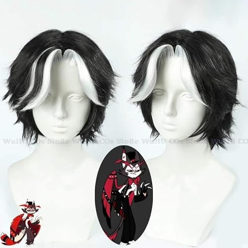 Husk Cosplay Kostüm Uniform Hazbin Cosplay Hotel Husk Cosplay Kostüm Black Outfits with Hat Ears Eyebrows Prop, wig, M, Husk von CosplayHero