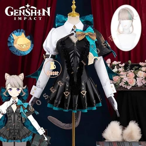 Lynette Cosplay Kostüm Kleid Wig Perücke Genshin Impact Fontaine Uniform Tail Magician Ears Skirt Lyney für Damen Props, Full set, S von CosplayHero