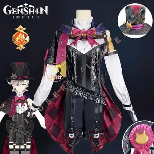 Lyney Cosplay Kostüm Wig Perücke Genshin Impact Uniform Fontaine Magician Hat Stickers 3D Printed Accessories Damen Herren, Costume only, S von CosplayHero