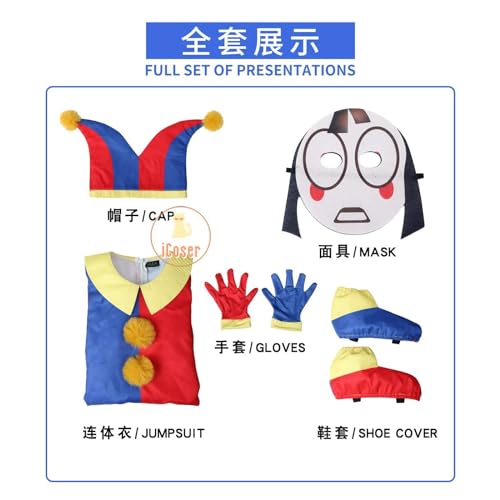 Pomni Cosplay Cartoon Kostüm The Amazing Digital Circus Jumpsuit Hat Maske Gloves Shoe Covers für Kids Children Gifts, Costume with mask, 110 von CosplayHero