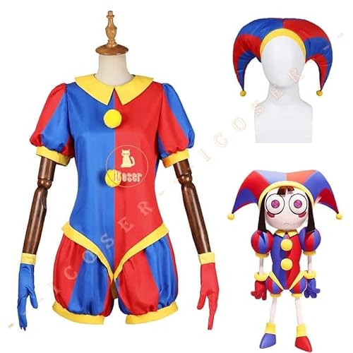 Pomni Cosplay Kostüm Anime The Amazing Digital Circus Cartoon Uniform Hat Gloves für Damen Herren Kids Kostüms, Costume with hat, Kids 140cm von CosplayHero