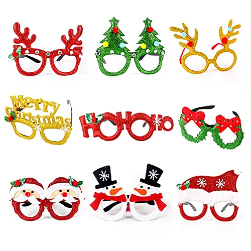 Cosswe Weihnachtsbrille,9 Stück Weihnachten Brillen Neuheit Weihnachtsglitter Brillengestell Weihnachtsbaum Rentier Spaßbrille Geweih Glitzernde Partybrillen für Kinder Erwachsene Weihnachtsfeier von Cosswe