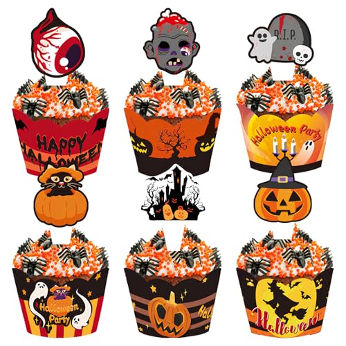 Halloween Cupcake Toppers Wrappers 24 Stück Halloween Cupcake Dekor Halloween Muffins Kuchen Deko Kürbis Ghost Fledermäuse Horror Cupcake Topper Dekor für Halloween Mottopartys Kuchen Muffins Desserts von Cosswe