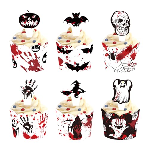 Halloween Cupcake Toppers Wrappers Halloween Cupcake Dekor 24 Stück Halloween Muffins Kuchen Deko Kürbis Ghost Fledermäuse Horror Cupcake Topper Dekor für Halloween Mottopartys Kuchen Muffins Desserts von Cosswe