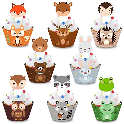 Waldtiere Kuchen Deko,48 Stück Waldtiere Kuchendeckel Tier Cupcake Toppers Wrapper Tier Cake Topper Waldtiere Tortendeko für Kinder Baby Party Geburtstag Party Kuchen Dekoration von Cosswe