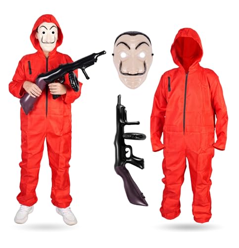 3 Teilig Haus des Geldes Kostüm Set - mit Dali Maske, aufblasbares Gewehr, Einheitsgröße Overall rot - für Erwachsene Unisex für Fasching & Halloween (10x Set (160-180cm)) von Costumed