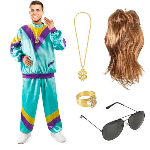 6 in 1 Set Kostüm - 80er 90er Retro Overall - mit Vokuhila Perücke, Trainingsanzug, Goldkette, Ring, Brille - Fasching & Karneval (170-190 cm) von Costumed