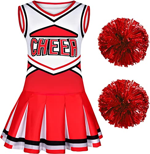 Sersllta Cheerleader-Kostüm für Mädchen, Cheerleader-Outfit mit Pompons, Halloween-Verkleidungsparty (Rot, 5-6 Jahre) von Costumerry