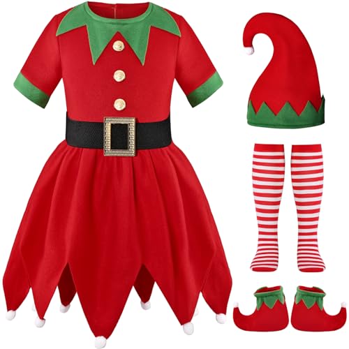 Sersllta Elfenkostüm für Mädchen Kinder Weihnachten Elfe Weihnachtsmann Kleid Outfit (7-8 Jahre) von Costumerry