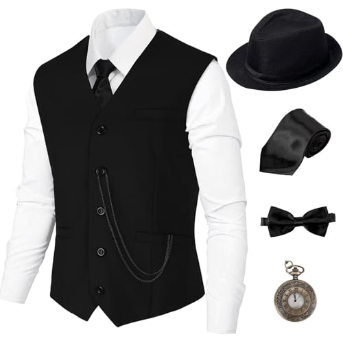 1920er Jahre Gatsby Gangster-Kostüm, 5-teiliges Set, Hut, Weste, Vintage-Taschenuhr, Fliege, Krawatte, BL0XXL von Cosvana