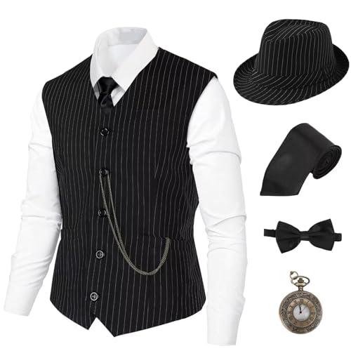 1920er Jahre Gatsby Gangster-Kostüm, 5-teiliges Set, Hut, Weste, Vintage-Taschenuhr, Fliege, Krawatte, BL1L von Cosvana