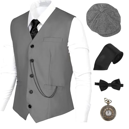 1920er Jahre Gatsby Gangster-Kostüm, 5-teiliges Set, Hut, Weste, Vintage-Taschenuhr, Fliege, Krawatte, GY0S von Cosvana