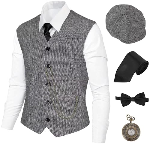 Gatsby Gangster-Kostüm für Herren, 5-teiliges Set, Hut, Weste, Vintage-Taschenuhr, Fliege, Krawatte, GY1L von Cosvana