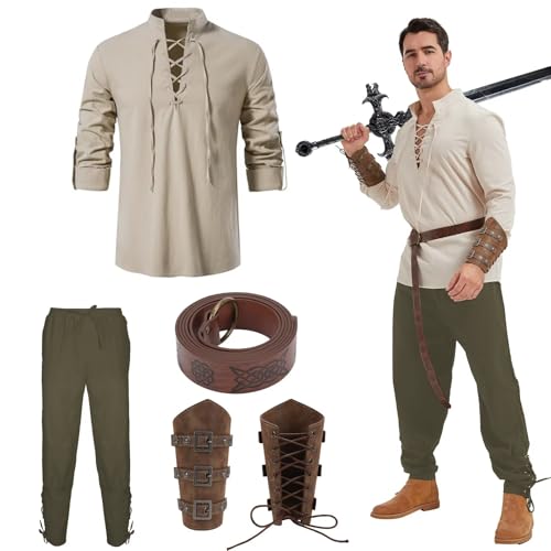 4-teiliges Renaissance-Kostüm-Set für Herren, mittelalterliches Piratenhemd, Wikinger-Stil, Taillengürtel, Handgelenkschutz, Halloween, Khaki-Oberteil und militärgrüne Hose, L von Cosvana