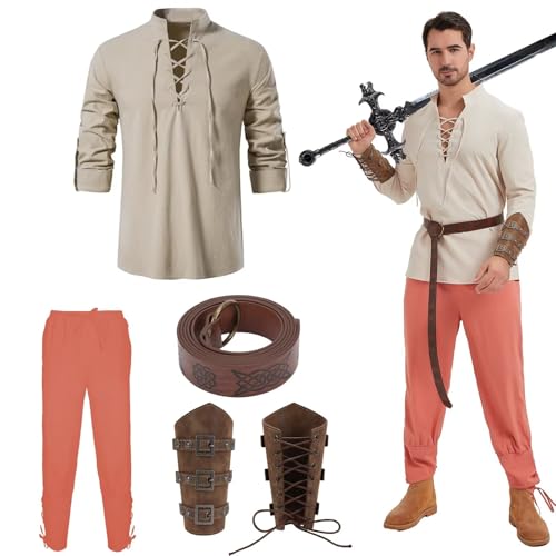 Herren 4-teiliges Mittelalter-Piraten-Set, Wikinger-Stil, Halloween, Renaissance-Kostüm, Khaki-Oberteil und rote Hose, L von Cosvana