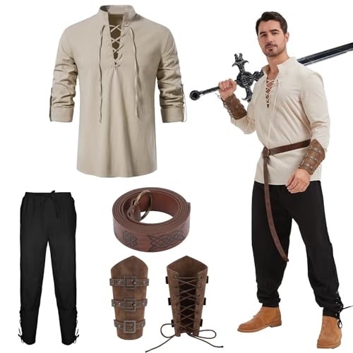 4-teiliges Renaissance-Kostüm-Set für Herren, mittelalterliches Piratenhemd, Wikinger-Stil, Taillengürtel, Handgelenkschutz, Halloween, Khaki-Oberteil und schwarze Hose, L von Cosvana