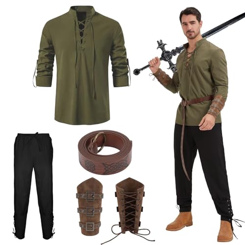 Herren 4-teiliges Mittelalter-Piraten-Set, Wikinger-Stil, Halloween, Renaissance-Kostüm, Militärgrünes Oberteil und schwarze Hose, 3XL von Cosvana