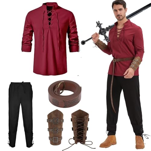 Herren 4-teiliges Mittelalter-Piraten-Set, Wikinger-Stil, Halloween, Renaissance-Kostüm, Rotes Oberteil und schwarze Hose, M von Cosvana