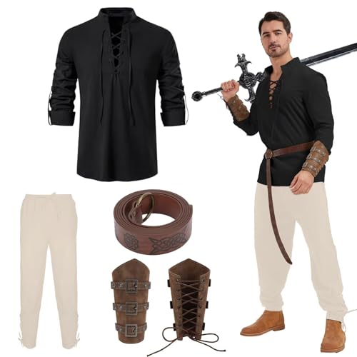 Herren 4-teiliges Mittelalter-Piraten-Set, Wikinger-Stil, Halloween, Renaissance-Kostüm, Schwarzes Oberteil und khakifarbene Hose, L von Cosvana