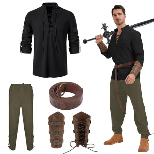 Herren 4-teiliges Mittelalter-Piraten-Set, Wikinger-Stil, Halloween, Renaissance-Kostüm, Schwarzes Oberteil und militärgrüne Hose, L von Cosvana