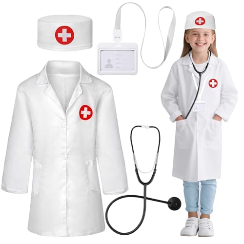 Cosysparks Arzt Kostüm Kinder, 4-Pack Kinder Stethoskop Kinders White Lab Mantel Mit Hut Stethoskop Arbeitskarte Halter Arzt Zubehör Arzts Rollenspiel Set Für Jungen Mädchen Alter 5-9 Cosysparks Arzt Kostüm Kinder, 4-Pack Kinder Stethoskop Kinders White Lab Mantel Mit Hut Stethoskop Arbeitskarte Halter Arzt Zubehör Arzts Rollenspiel Set Für Jungen Mädchen Alter 5-9 von Cosysparks