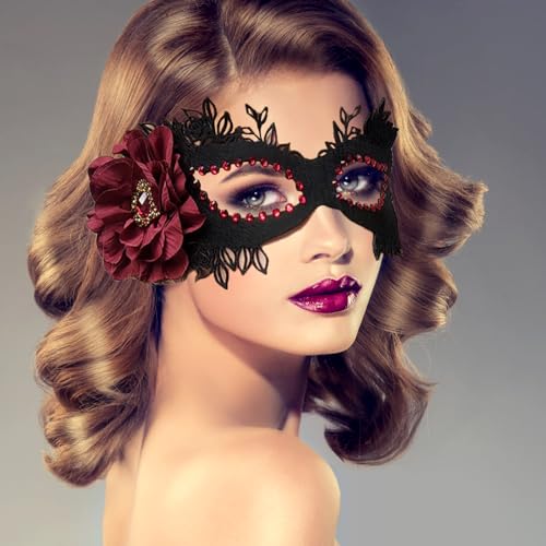 Karneval Maske Maskenball für Frauen, Filz Maskerade Maske Kostüm Schwarz Halloween Maske mit roter Blume 1920er Jahre Mardi Gras Party Maske Ball Maske für Cosplay von Cosysparks