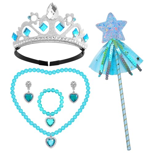 Prinzessin Dress Up Set, Kinder Krone Wand Halsketten Armband und Ohrring für Cosplay und Festival Party Blaue Mädchen Schmuck Geschenk für 3-8 Jahre alt von Cosysparks