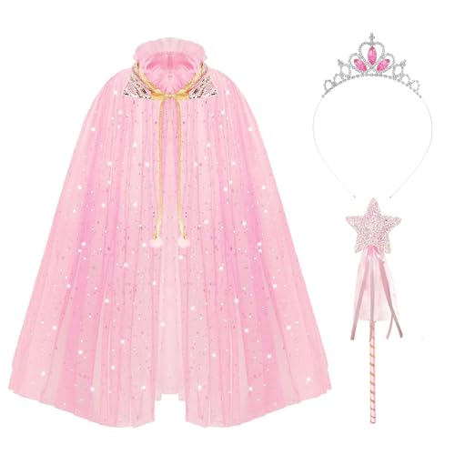 Prinzessin umhang mädchen, Bunt fasching umhang kinder Funkelnde Pailletten Tüll halloween umhang kinder Prinzessinnen-Kostüm Halloween-Kostüm mit Feenstab für 6-10 Jahre alte Mädchen (Rosa) von Cosysparks