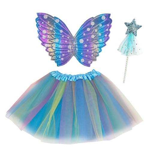 Schmetterlingsflügel Kinder, Rosa Tutu Kleid mit Magic Star Wand Schmetterling Fee Flügel Schmetterling Kleid Kostüm Prinzessin Fee Dress Up für Cosplay Halloween(3-6 Jahre alte Mädchen) (Blau) von Cosysparks