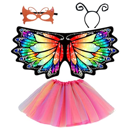 Schmetterlingsflügel kinder set, 4-Pack schmetterling kostüm kinder mit feenflügel kinder Cape Tutu Stirnband und Maske Kit für 3-8 Jahre Mädchen halloween kostüm kinder Party Cosplay (Bunt) von Cosysparks