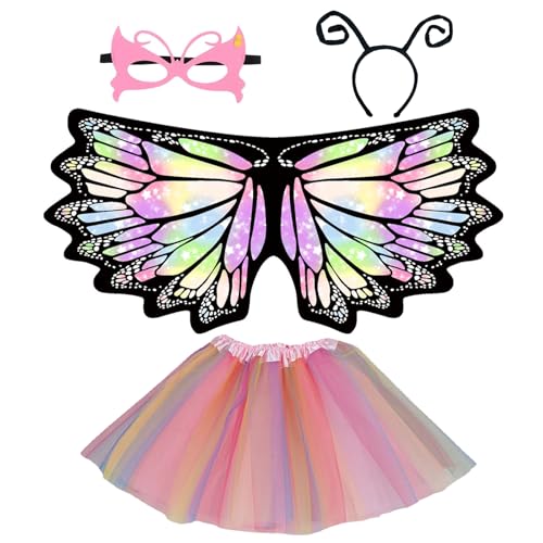 Schmetterlingsflügel kinder set, 4-Pack schmetterling kostüm kinder mit feenflügel kinder Cape Tutu Stirnband und Maske Kit für 3-8 Jahre Mädchen halloween kostüm kinder Party Cosplay (Pink) von Cosysparks