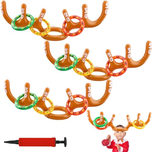 Cotiny Aufblasbares Rentiergeweih Ringwurfspiele Rentiergeweih Hut Stirnband Ringwurfspiel für Kinder Xmas Party Supplies Indoor-Spiele (4 Rentiergeweih, 16 Ringe, 1 Pumpe) von Cotiny