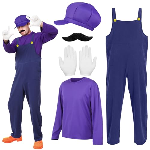 7 Stück Bad Klempner Kostüm Overall Lila Hemd Hut Schnurrbart Handschuhe Knopf für 80er Jahre Videospiel Cosplay Halloween, Violett, XL von Cotwinter