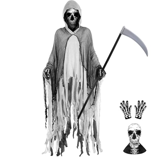 Cotwinter Halloween-Kapuzenumhang, Kostüm-Zubehör mit schwarzem Umhang, Totenkopf-Maske, Skelett-Handschuhen und Sense für Erwachsene, Halloween, Cosplay, Party-Requisiten, Schwarz und Weiß, 4 Stück von Cotwinter