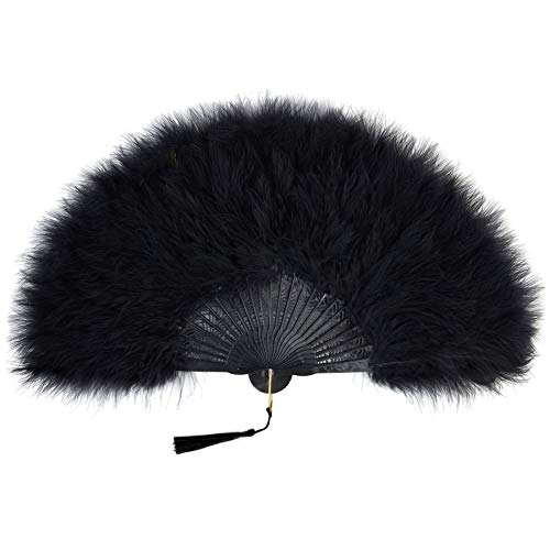 Coucoland Damen Fächer Marabou Feder 1920s Vintage Stil Retro Handfächer Damen Gatsby Kostüm Flapper Zubehör (Schwarzer Griff - Schwarz) von Coucoland